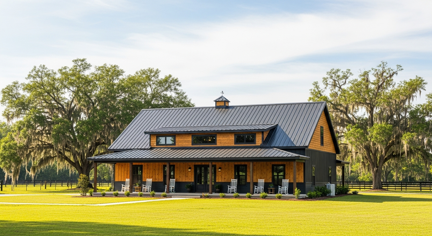 Modern barndominium in North Florida with metal roof and wraparound porch