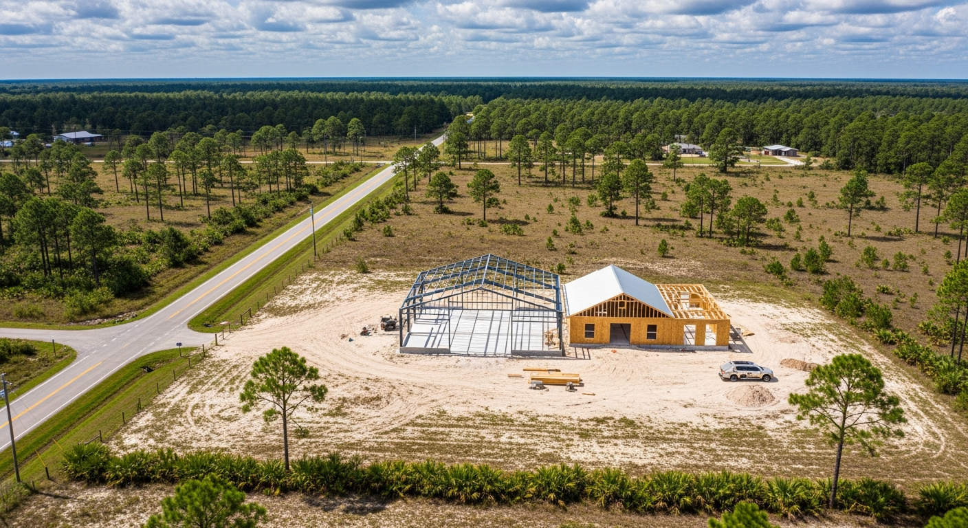 Barndominium under construction on a North Florida land parcel
