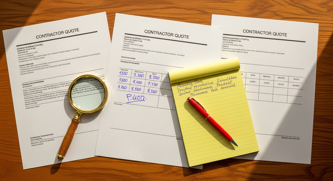 Three contractor quotes spread on a desk with a notepad and magnifying glass
