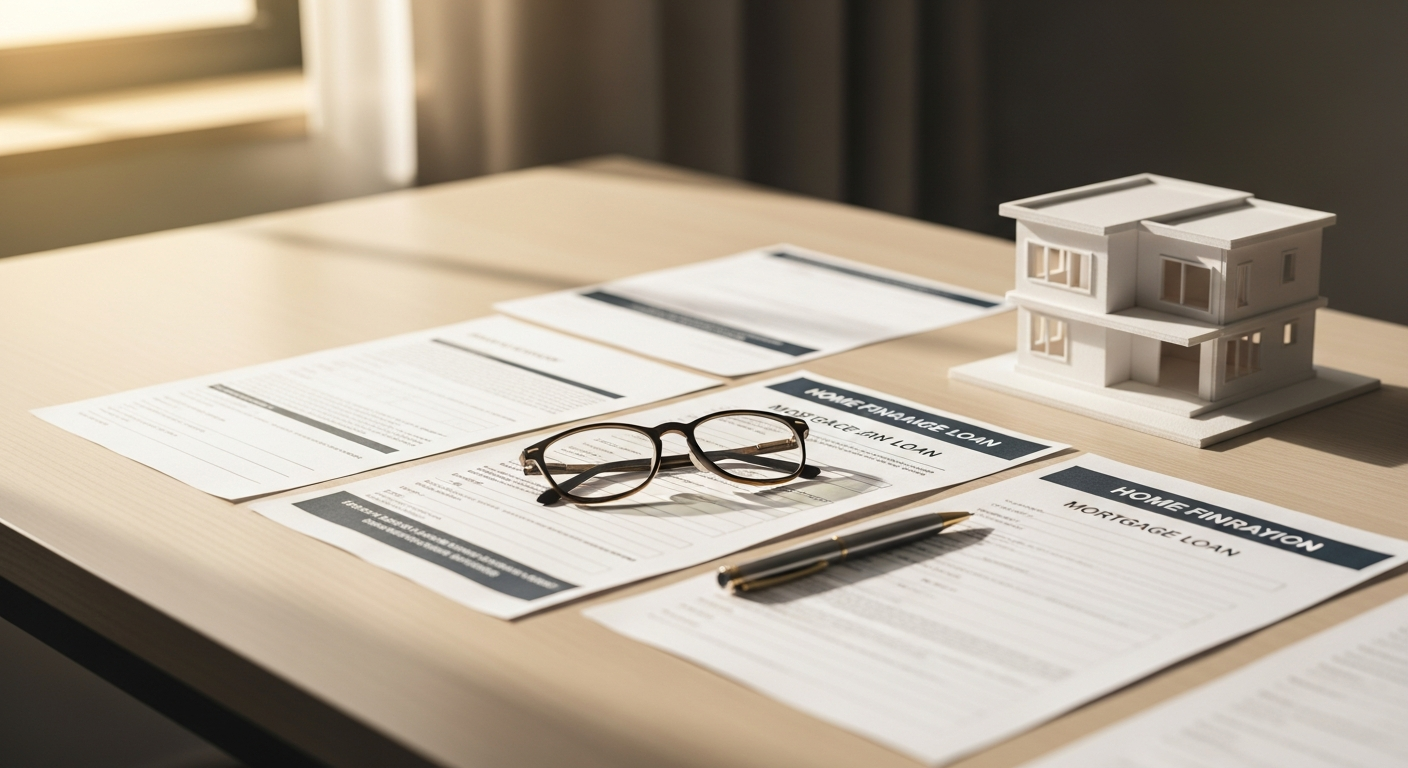Mortgage financing documents and house model on a light wood desk