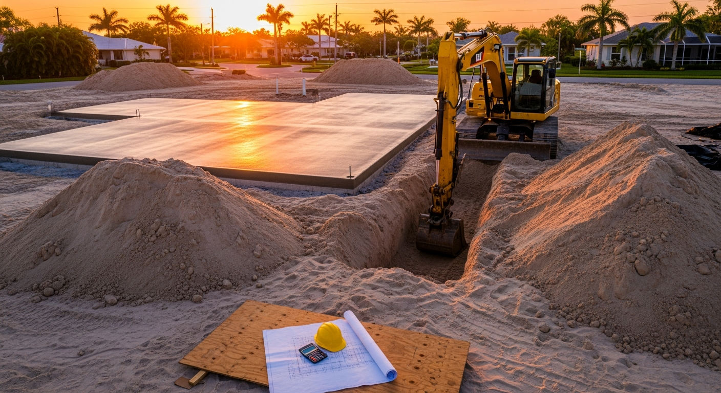Florida construction site with freshly poured foundation slab at golden hour