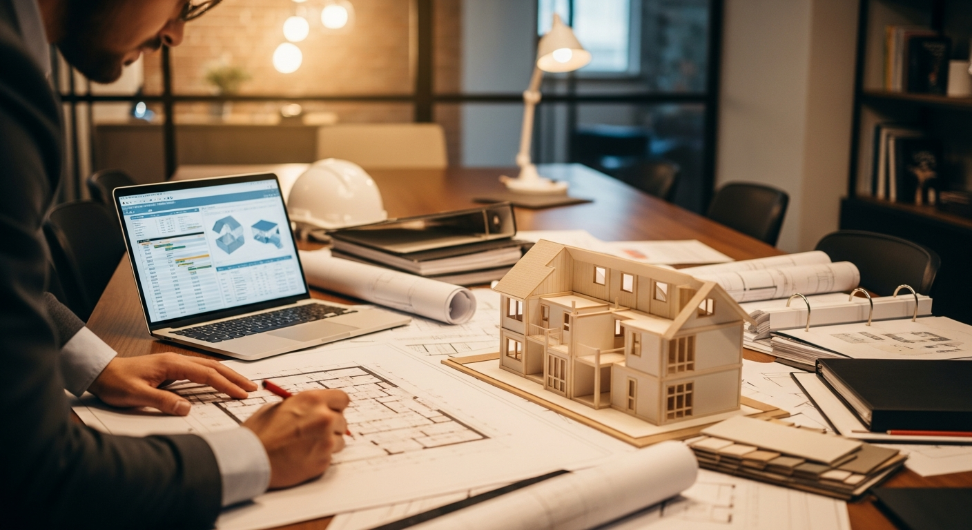 Building plans and project review on desk
