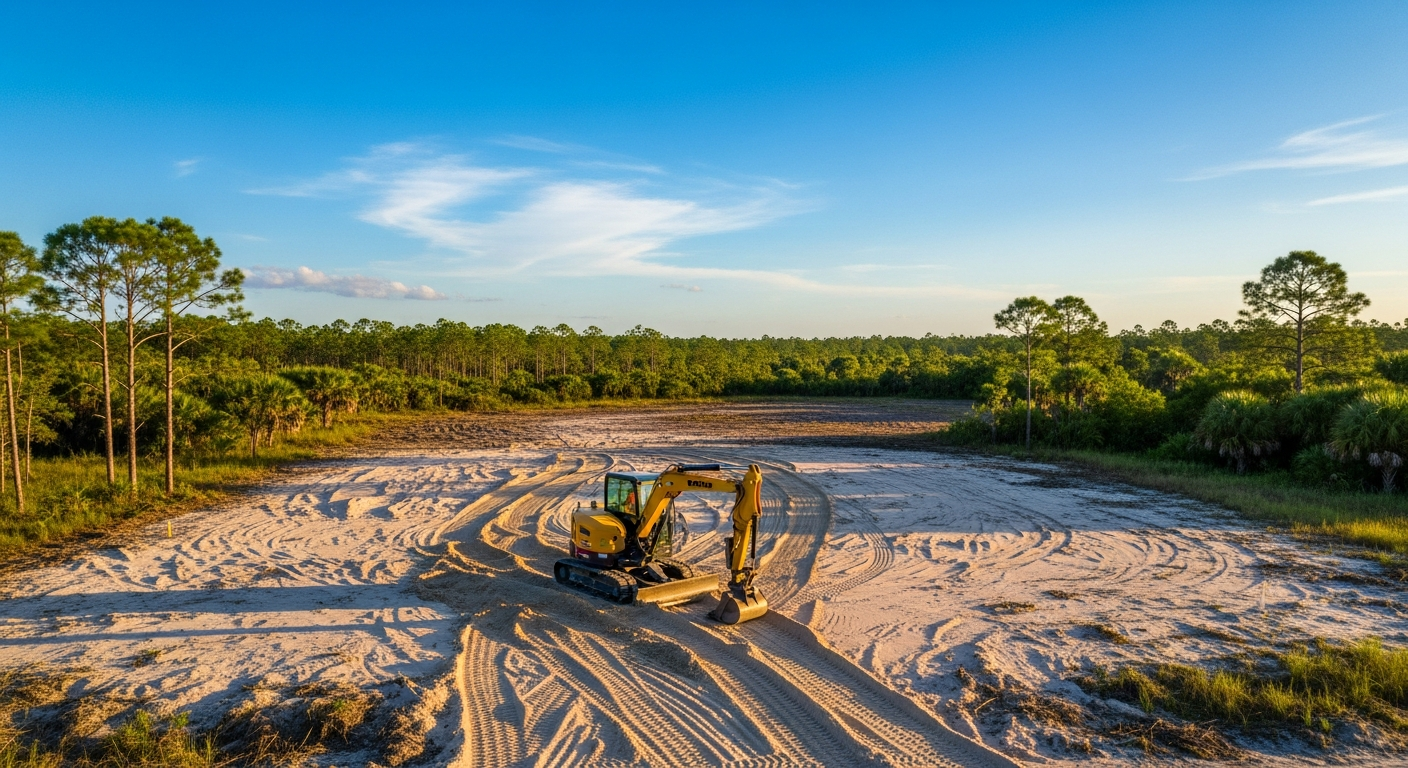Excavator clearing and grading a Florida lot with pine trees and blue sky
