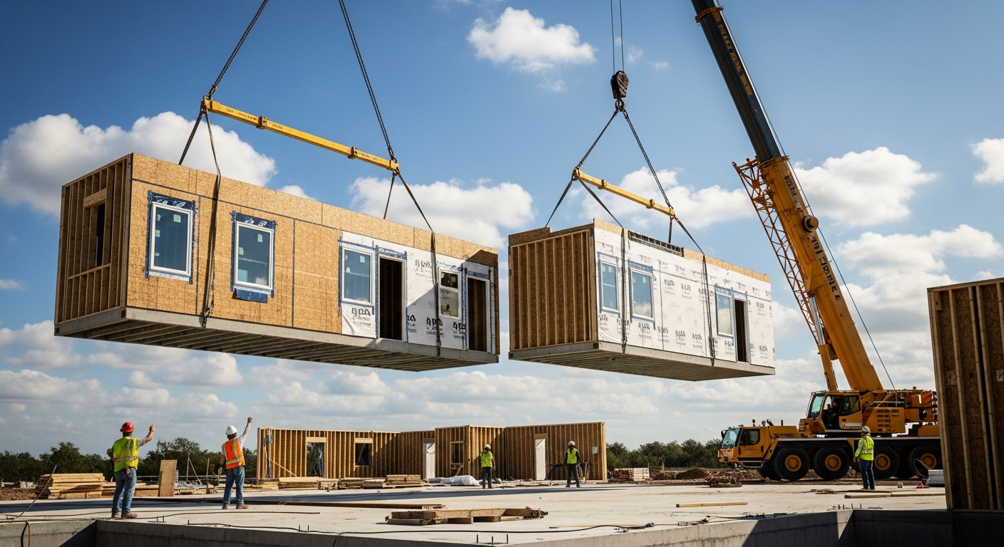Modular building sections being lifted by crane at a Florida construction site