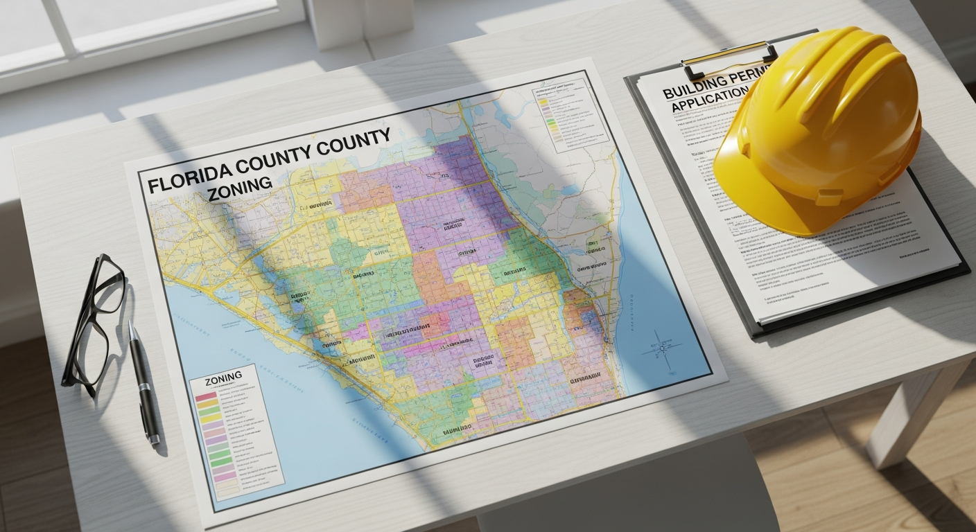 Florida zoning map and building permit documents on desk