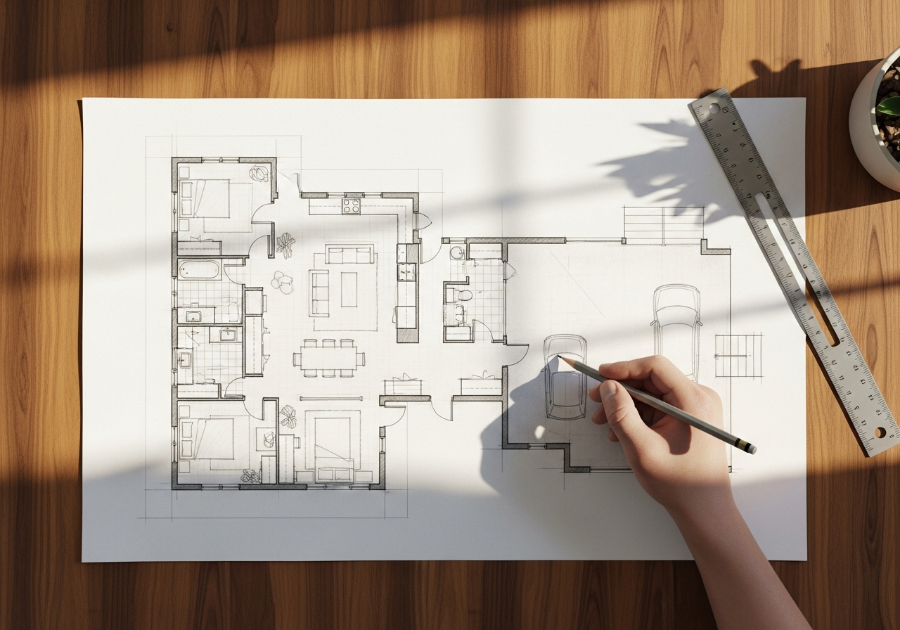 Barndominium floor plan blueprints on a desk