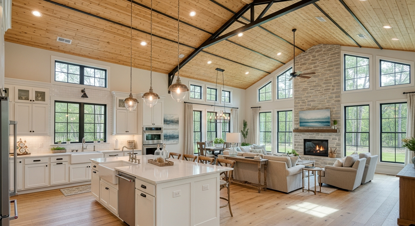 Open-concept barndominium interior with vaulted ceilings and Florida sunlight