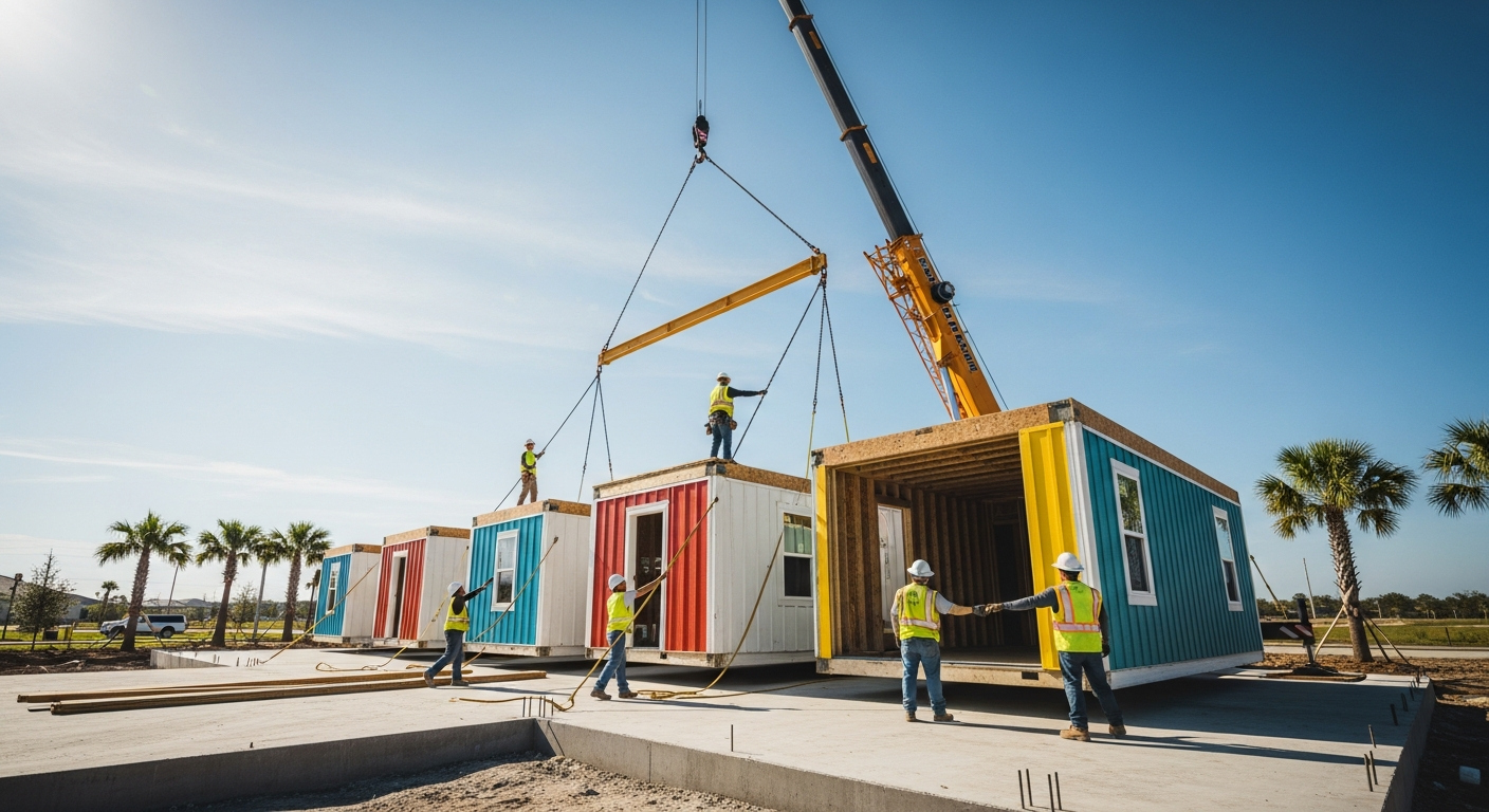 Modular home being assembled by crane on a Florida job site