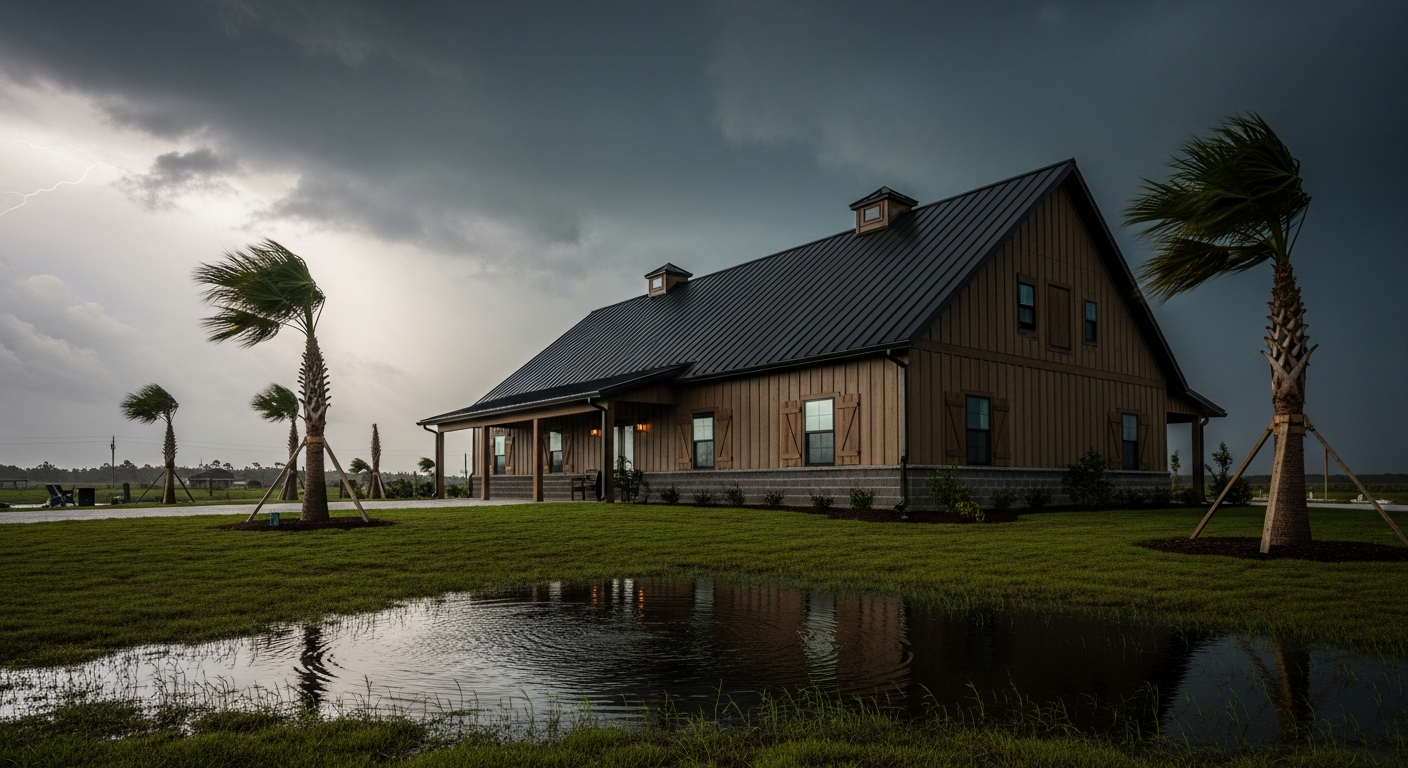 Hurricane-resistant barndominium in Florida with metal roof and reinforced construction