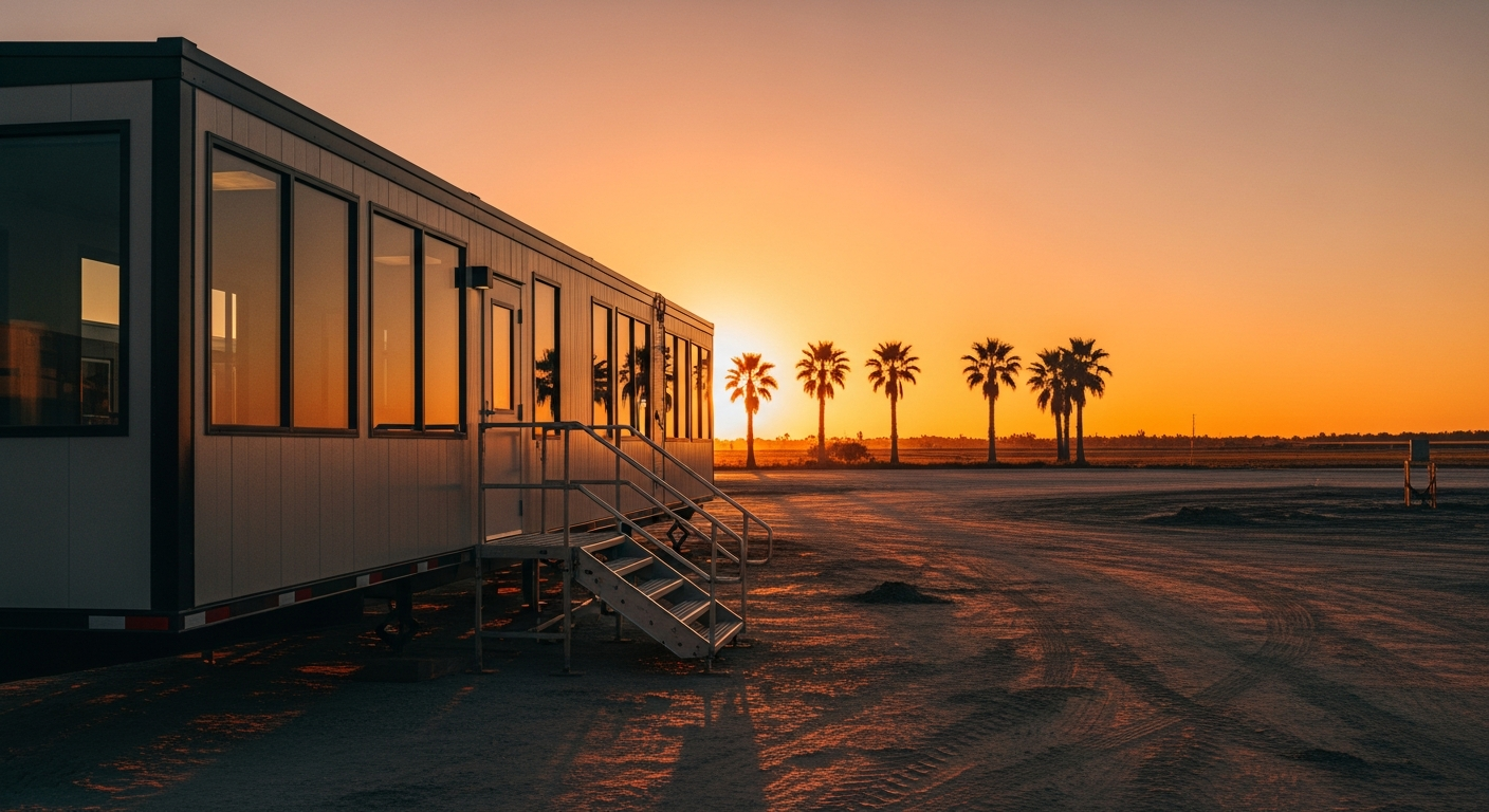 Mobile office trailer at Florida sunset