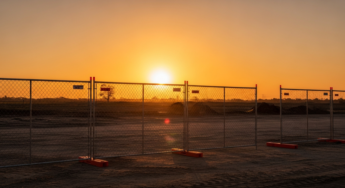 Portable temporary fencing panels at Florida sunset