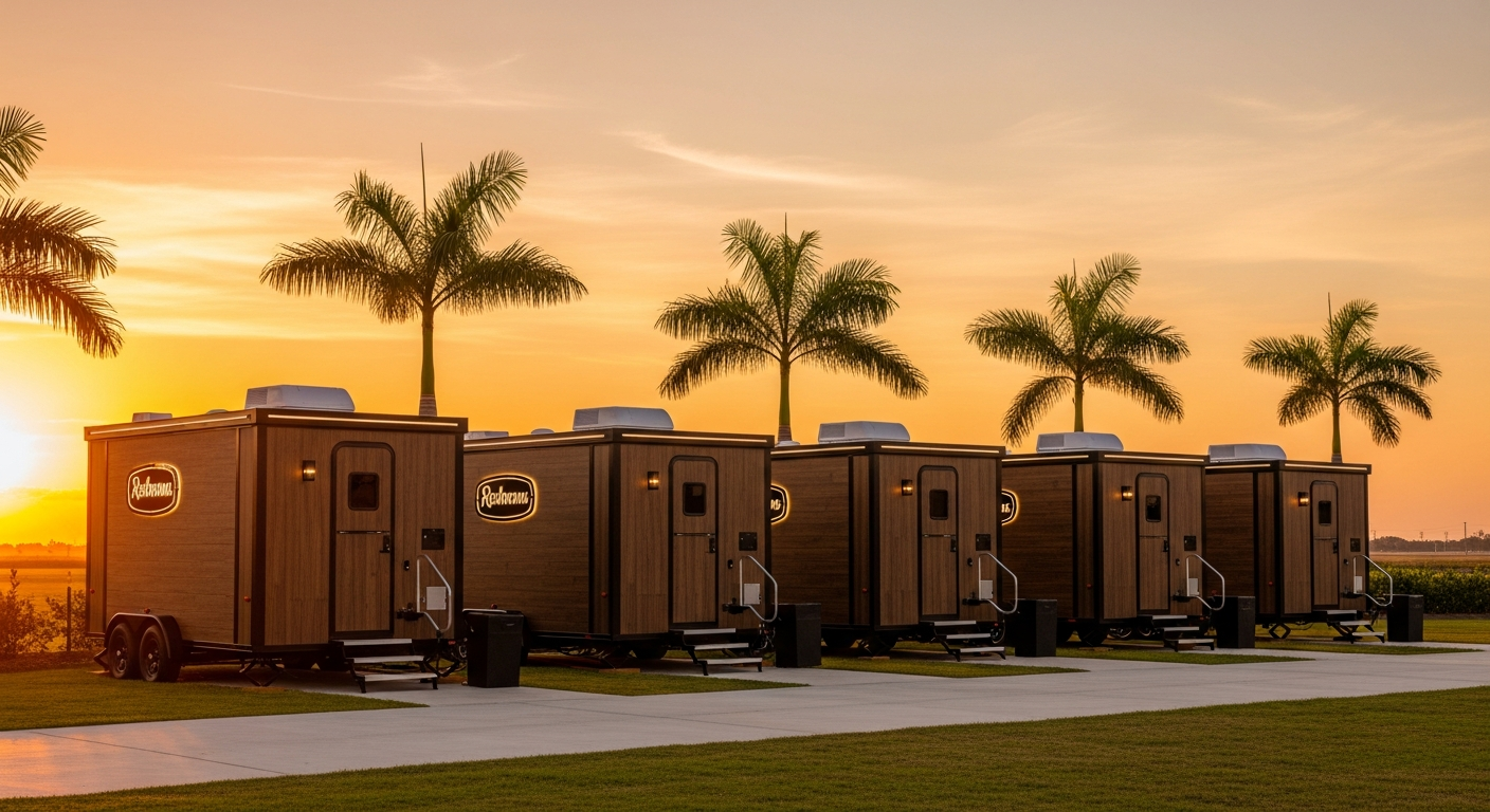 Luxury portable restroom trailers at Florida sunset