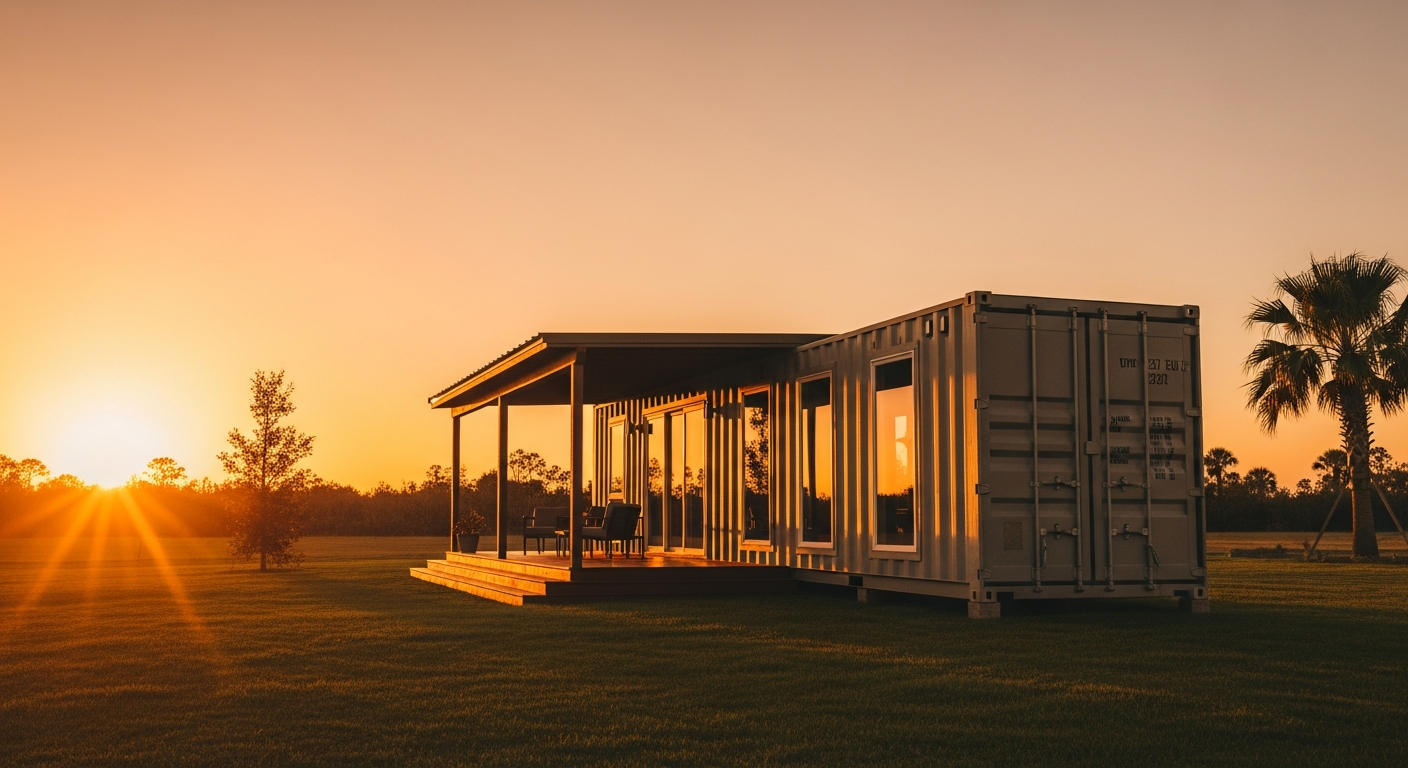 Converted shipping container at Florida sunset